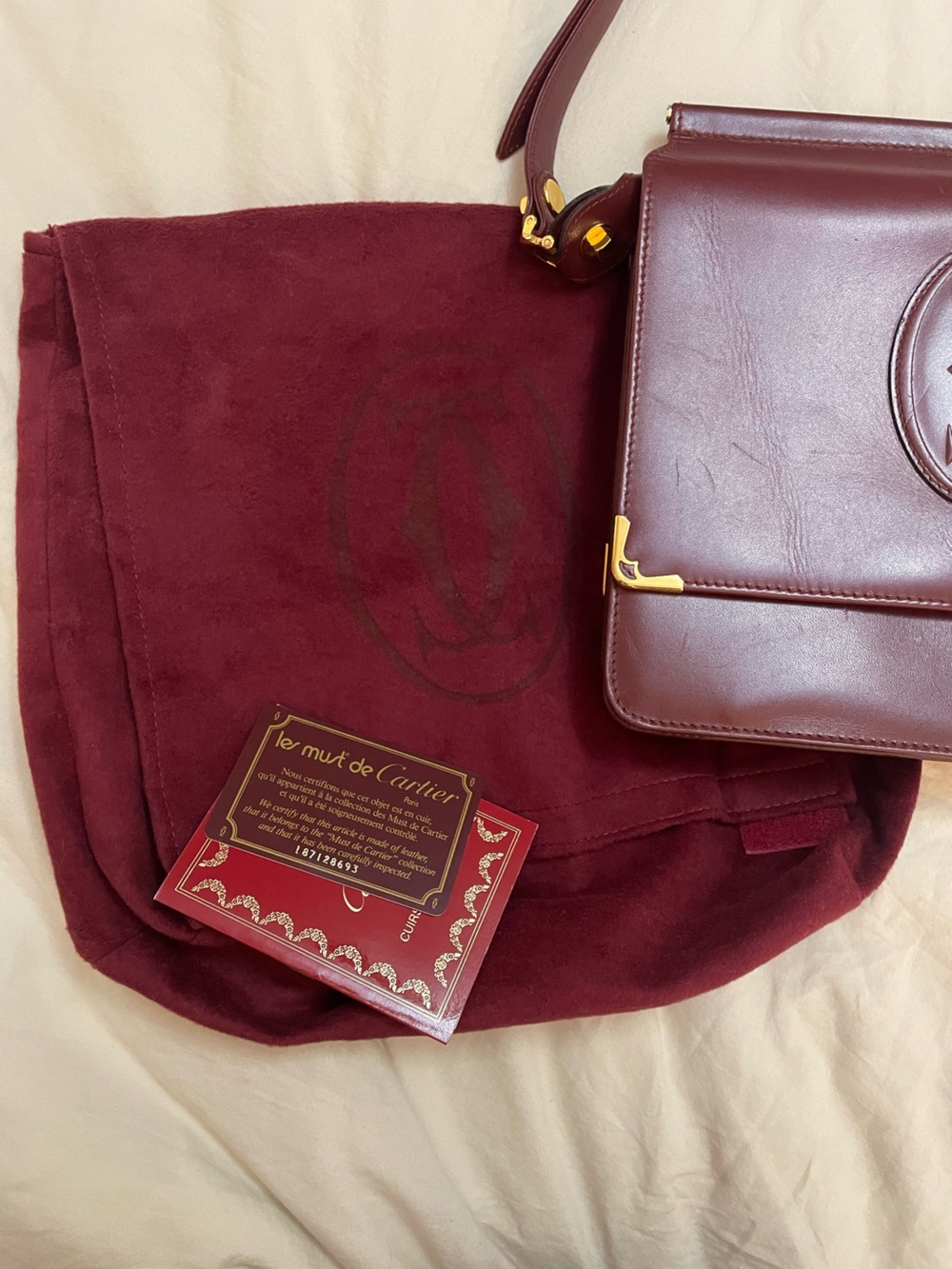 Vintage Cartier Burgundy Leather Crossbody Shoulder Bag Auth Card & Dust Bag - Picture 2 of 14